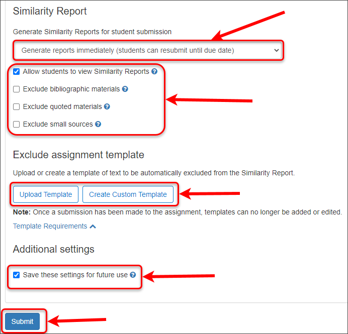 Similarity report settings, exclude assignment templates, save and submit buttons circled