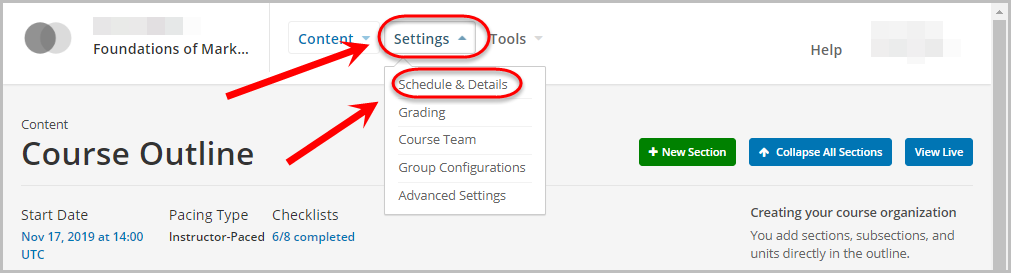 settings menu selected, schedule and details selected