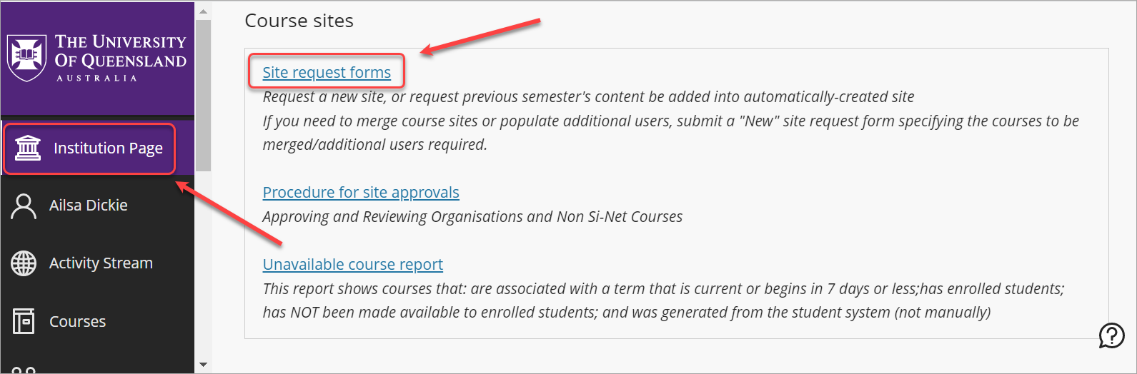 Institution page and site request forms circled