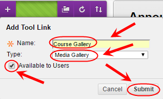 Add tool link screen with name text box, the type drop down box, the available to users check box and the submit button all circled.