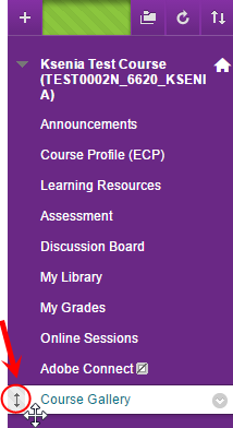 Course menu with new Course Gallery link and the double headed arrow circled next to the link