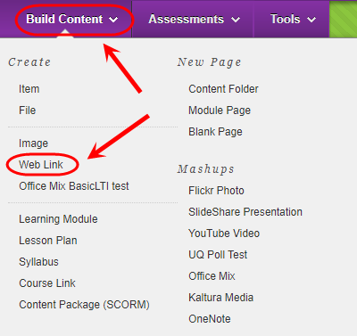 Build content menu with Web Link circled