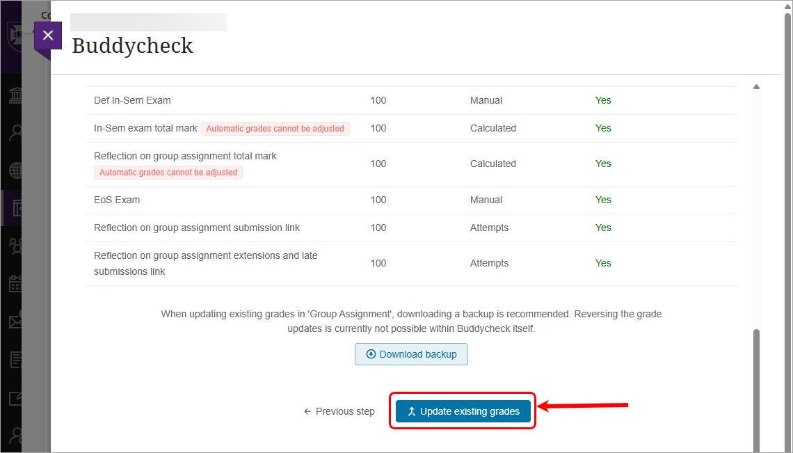 Update existing grades button circled