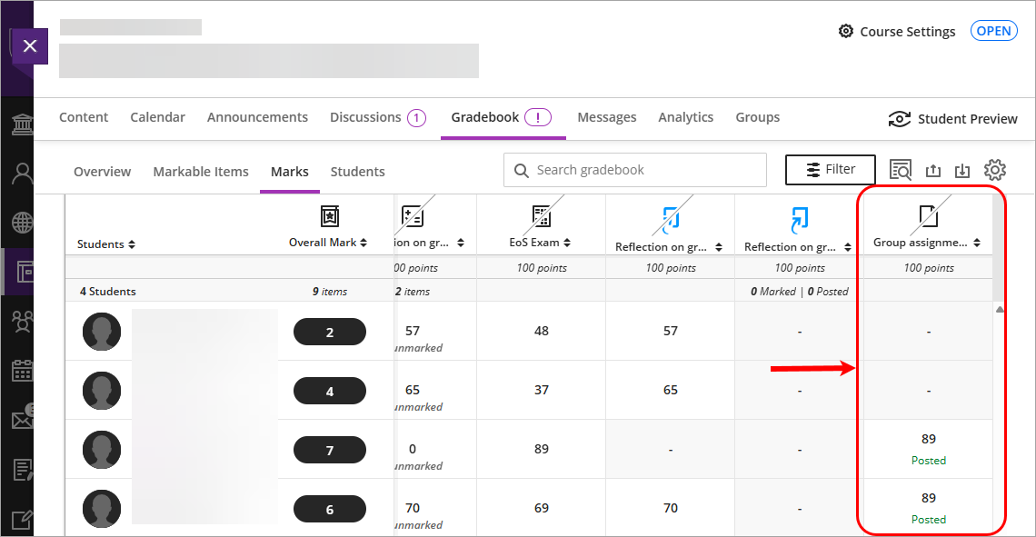 Buddycheck gradebook column circled