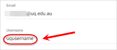 Username text-field is highlighted with an example UQ username