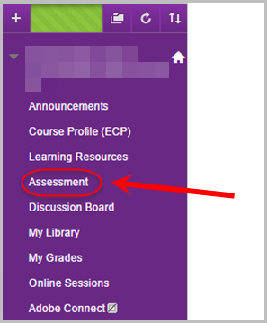 assessment option circled in blackboard course site menu