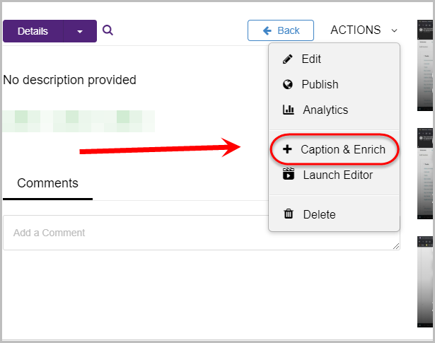 actions button circled then caption and enrich option circled