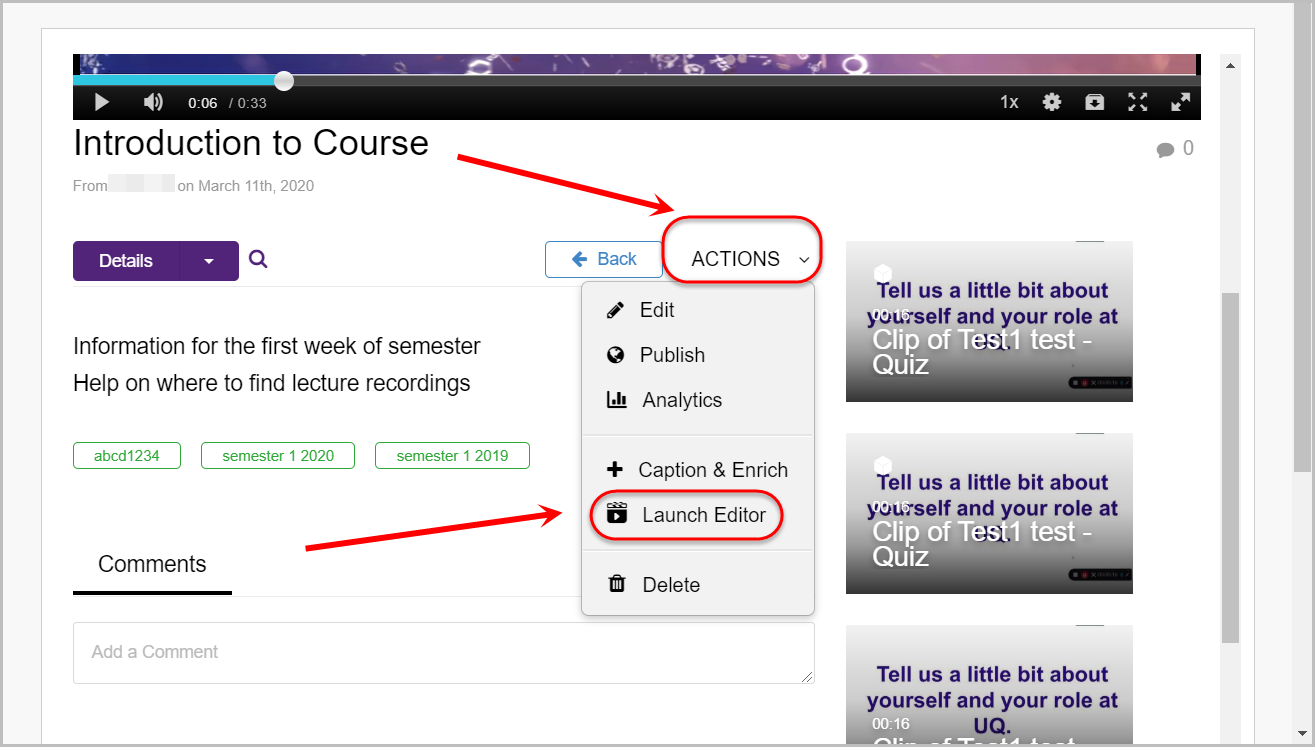 actions button selected, launch editor options selected
