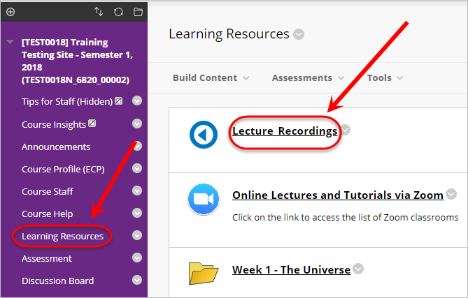 Learning resources and Lecture recordings circled