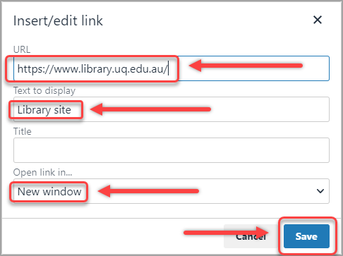 url textbox selected, text to display textbox selected, new window option selected, save button selected