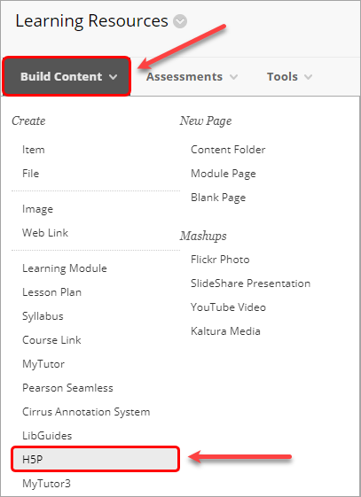 build content menu select H5P