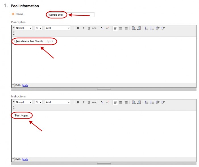 Pool information setup with Name text box, description text box and instructions text box circled