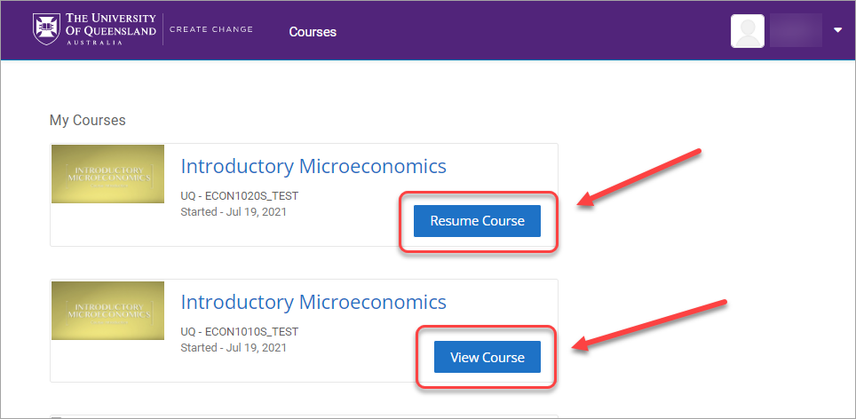 view course and resume course button selected in dashboard