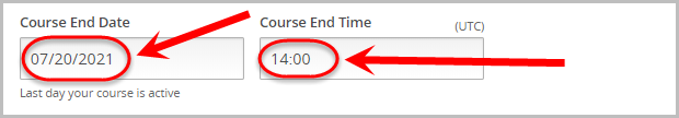 course end date and course end time textboxes selected