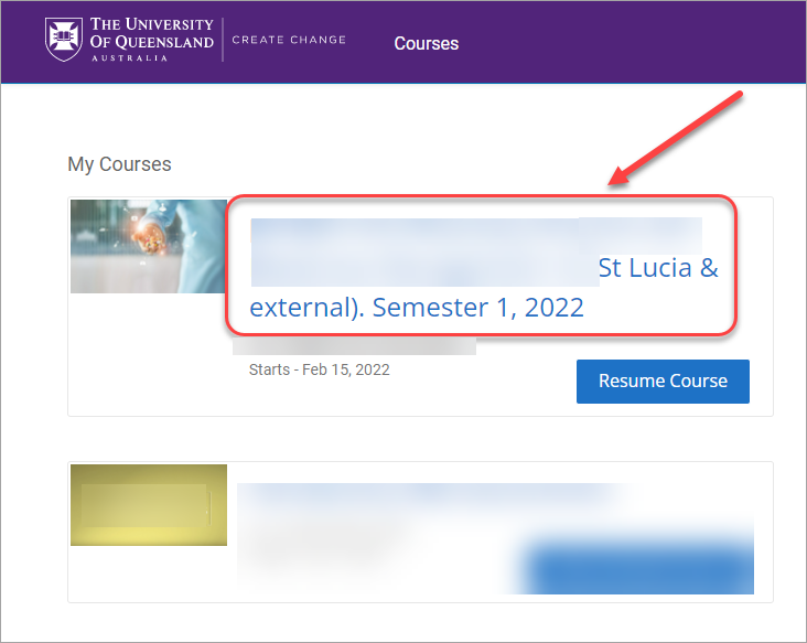 course selected in LearnX dashboard