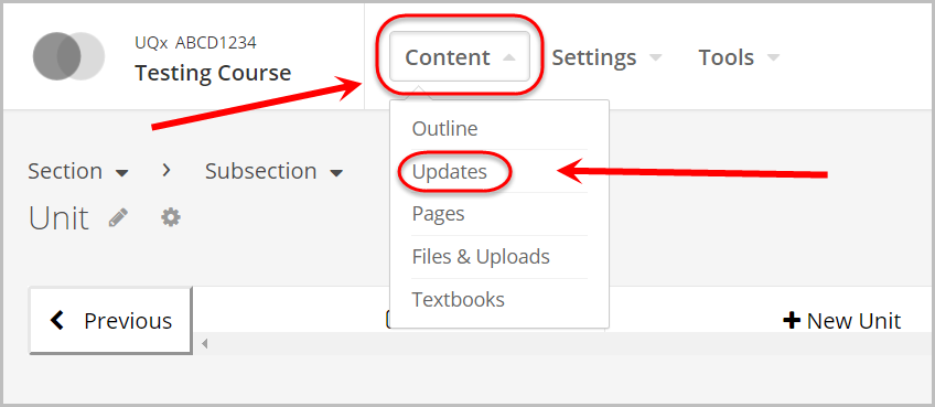 content drop down menu selected, updates selceted