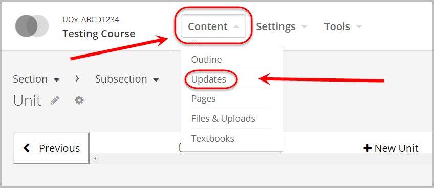 content drop down menu selected, updates selcted