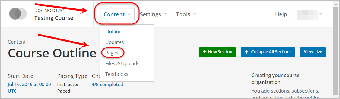 content menu selected, pages option selected