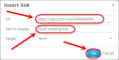 URL, Text to display text boxes circled along with the OK button