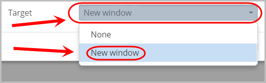 new window option selected from target drop-down menu