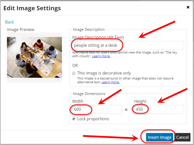 alt text entered in image description alt text textbox, image dimensions entered with 600 for width and 450 for height, insert image button selected