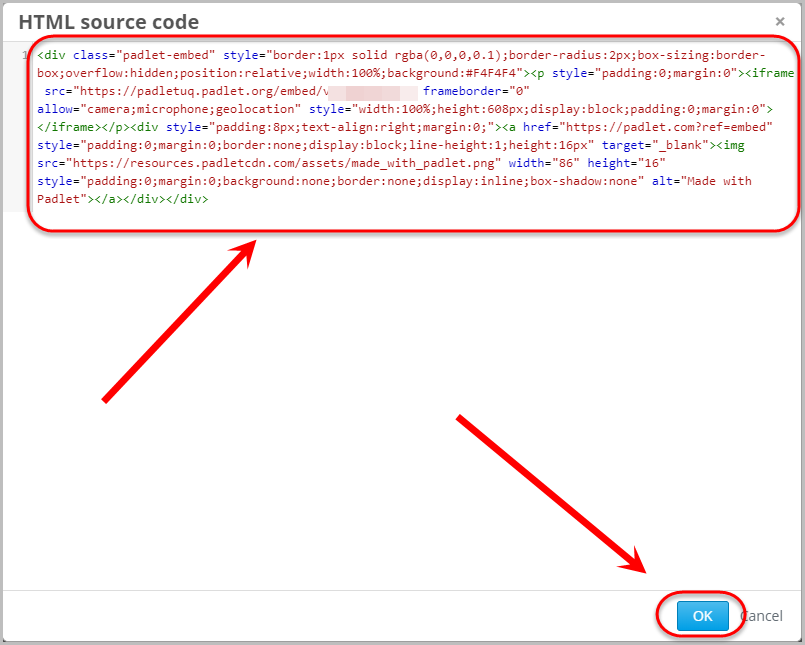 embed code selected, ok button selected