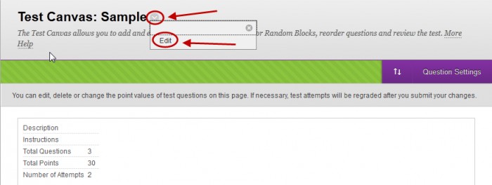 Test canvas screen with the down arrow circled next to test name and edit circled from drop down menu.