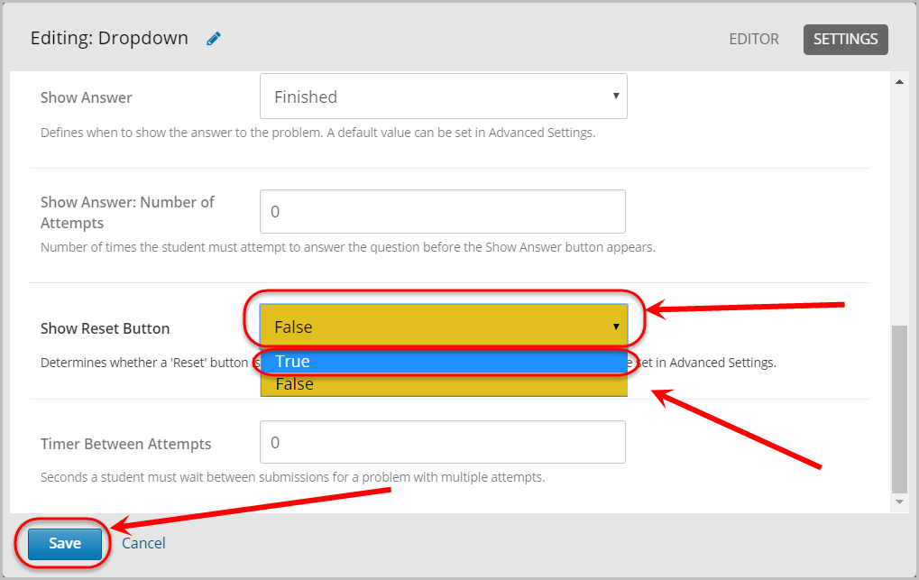 true option selected from show reset button drop-down menu, save button selected