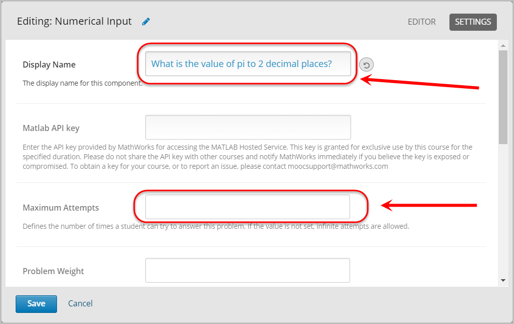 display name textbox selected, maximum attempts textbox is blank and selected