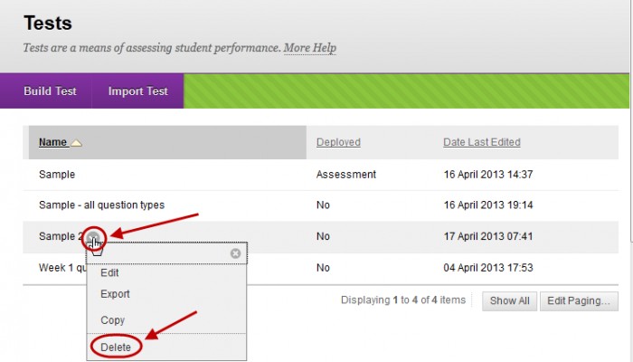 Tests screen with the down arrow circled next to the required test and delete circled in the drop down list.