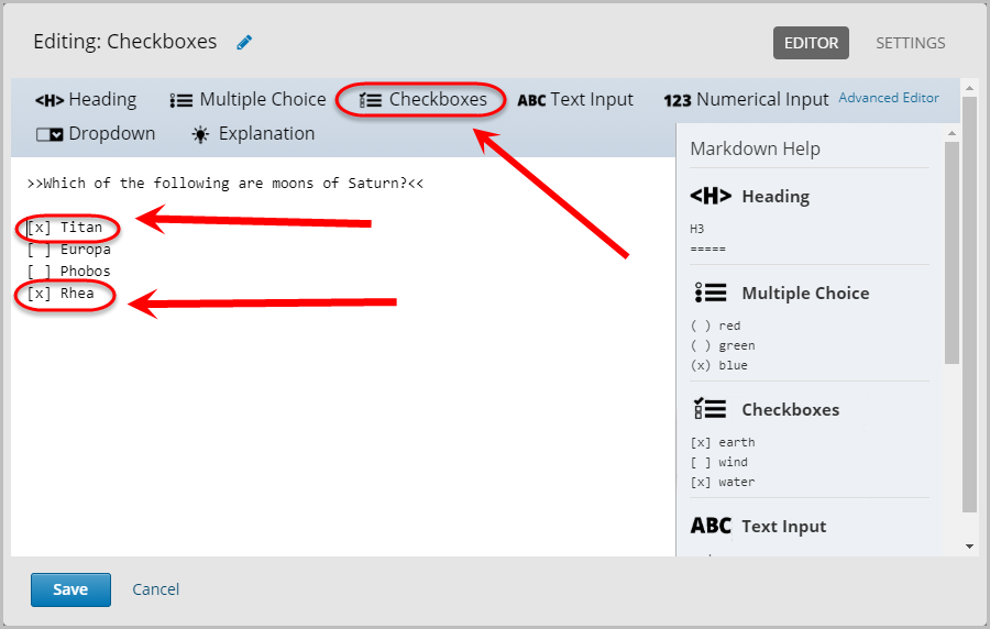 correct answer market with [x], incorrect answers entered, checkboxes area selected