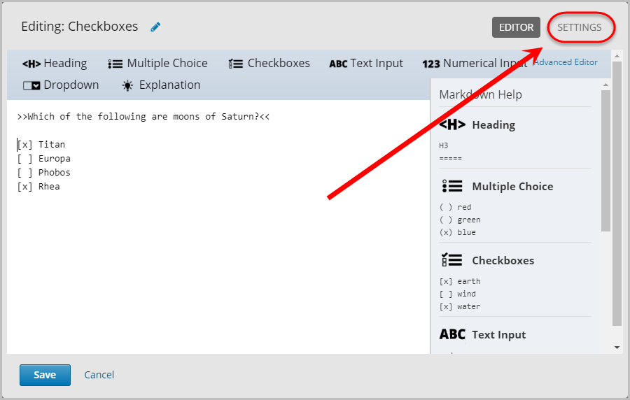 settings selected