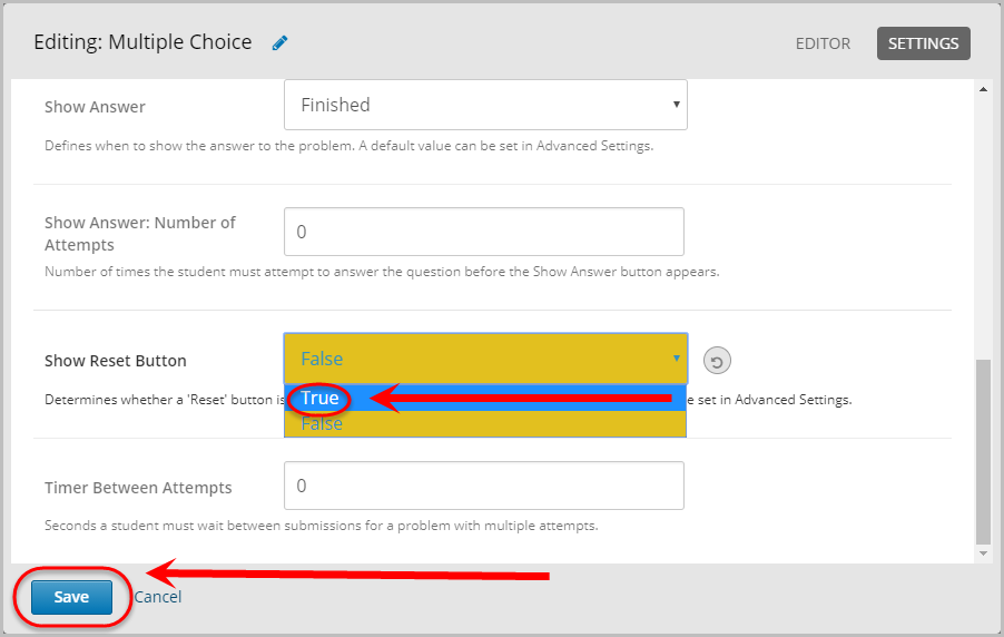 true option selected from show reset button drop-down menu, save button selected