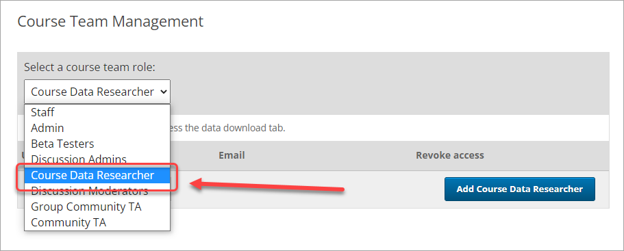 course team membership section, course data research option selected