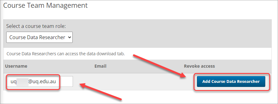 uq username in textbox selected, add course data researcher button selected