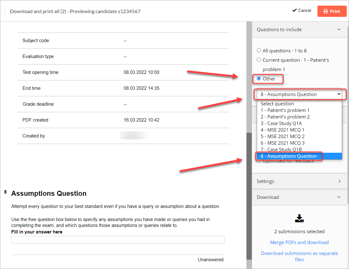 other radio button selected in question to include tab, assumptions question selected from select question drop-down menu