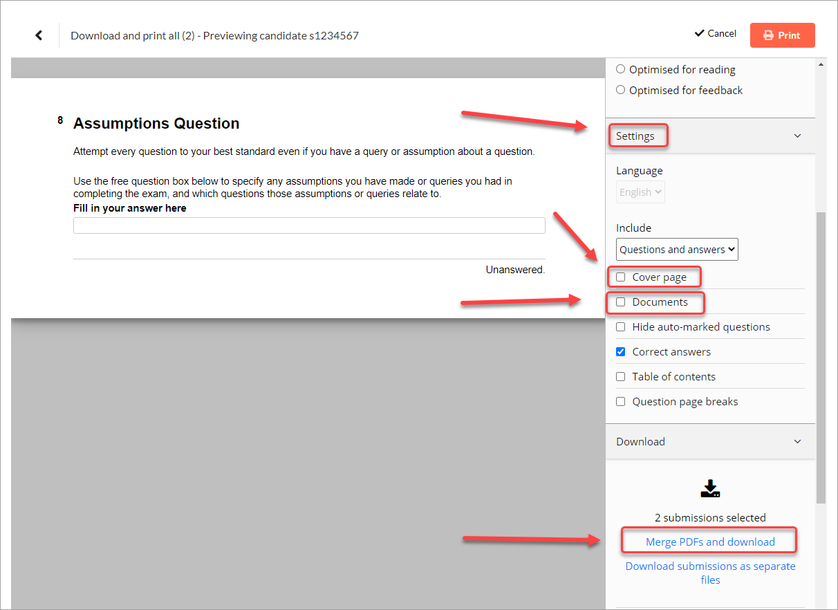 settings tab selected, cover page and documents checkboxes unchecked, merge pdfs and download link selected