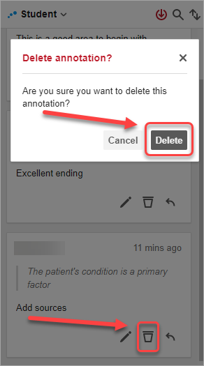 delete icon and delete button selected