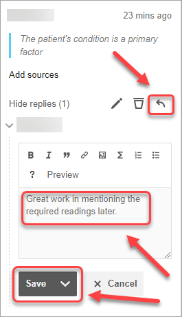 reply icon selected, replied annotation entered in textbox, save button selected