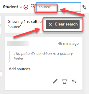 word entered in annotation search bar, all annotations with word appear, clear search button selected