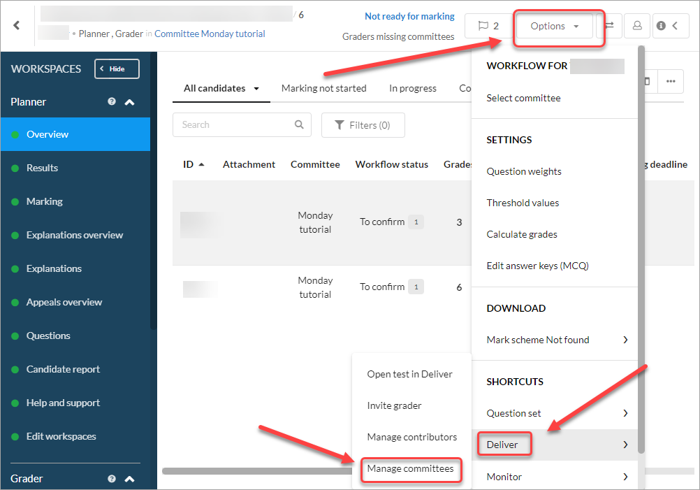 options menu, deliver and manage committees options selected