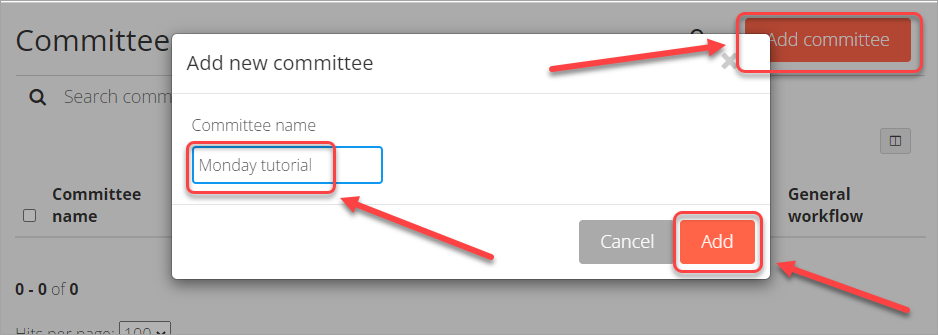 add committee button, committee name textbox and add button selected