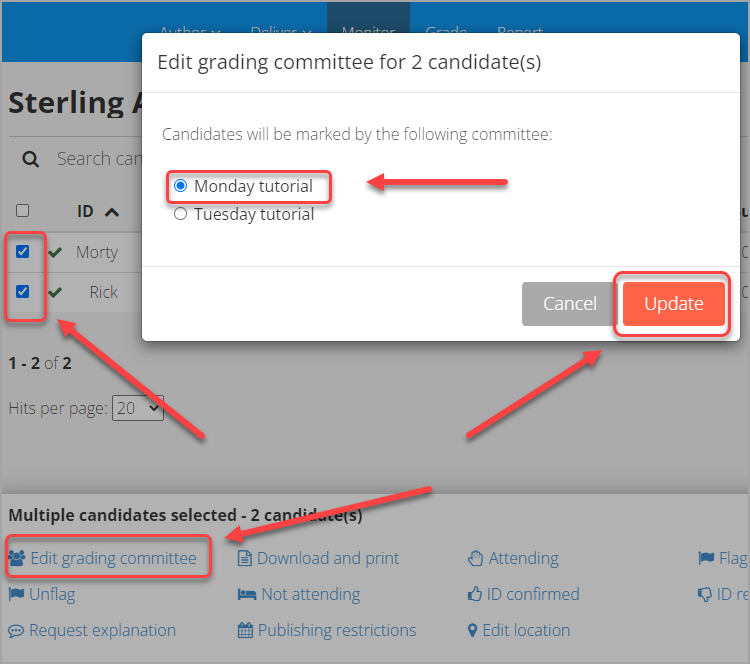 student checkboxes selected, edit grading committee selected, committee selected, update button selected