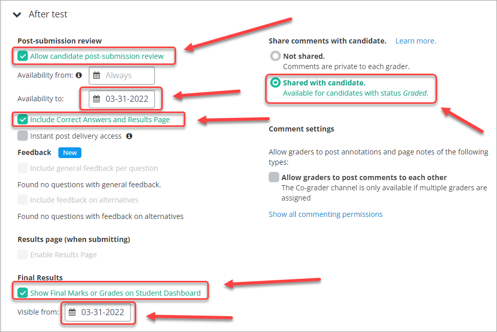 allow candidate post-submission review checkbox checked, availability to textbox selected, include correct answers and results page checkbox checked, show final marks or grades on student dashboard checkbox checked, visible from textbox selected, shard with candidate radio button selected