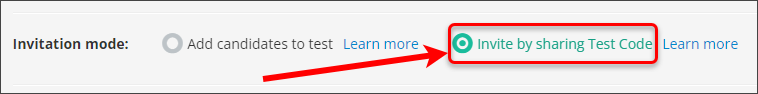 Invite by sharing test code radio button circled