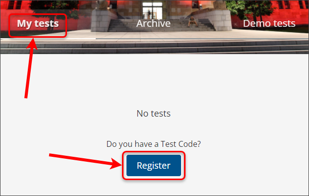 My tests and register button circled