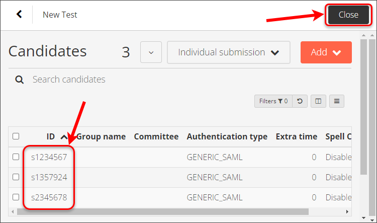 Usernames and close button circled.