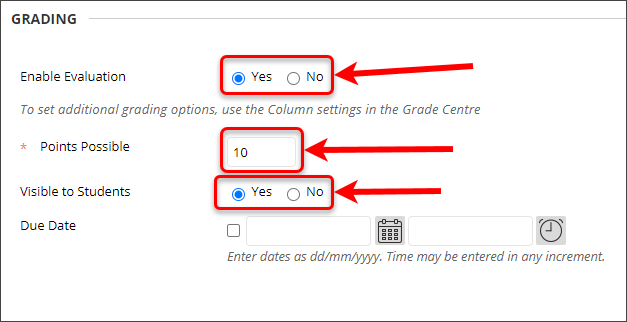 Enable valuation and visible to students radio buttons along with the points possible textbox circled