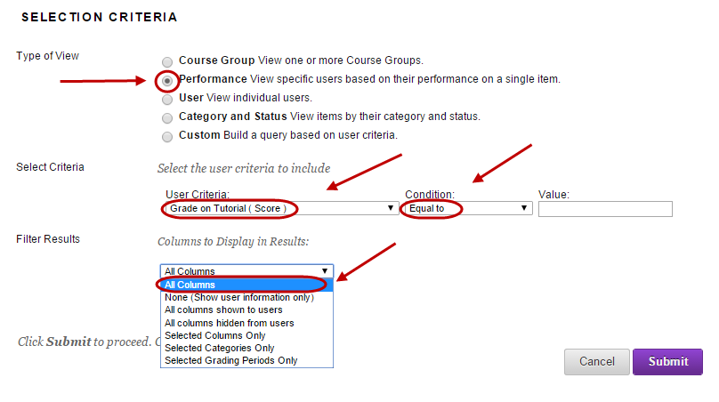 specify selection criteria