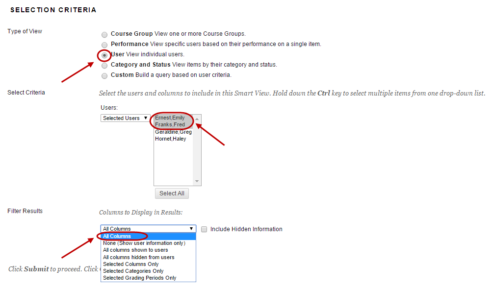 specify selection criteria